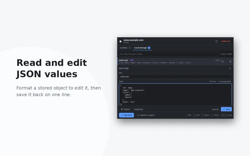 Cookie & LocalStorage Editor – JSON trong chế độ tối
