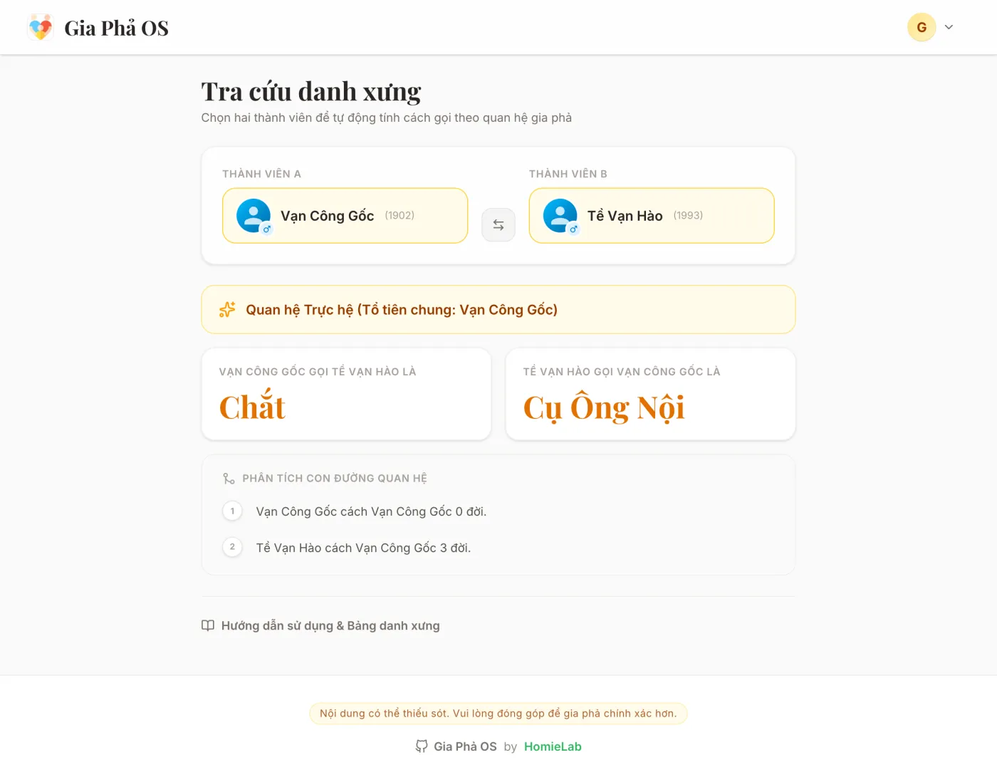 Vietnamese kinship finder in Gia Pha OS